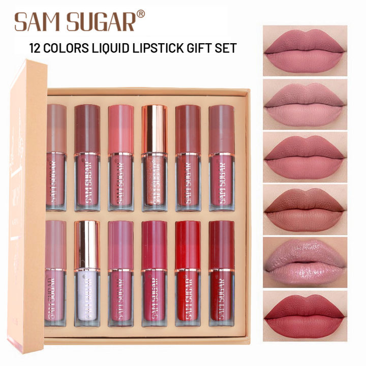 SAM SUGAR 12 Colors Book Lip Gloss Set Matte Velvet Non-stick Cup Lip Gloss Lipstick Cross Border Wholesale