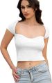 Women's Square Neck Ribbed Knitted Crop Top Short Sleeve Slim Fitted Basic Tee Shirt Blouse Tops white. 
