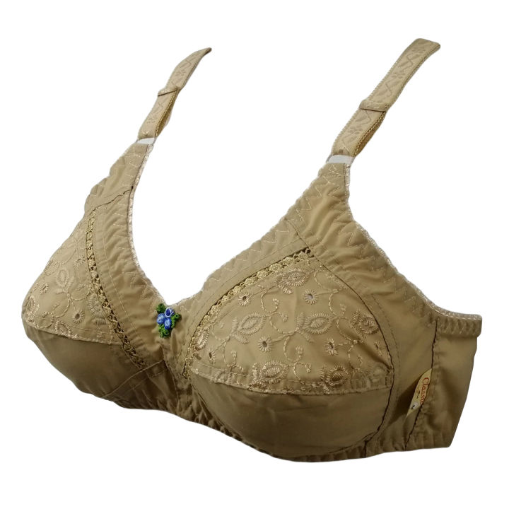 Casual and Formal Wear Classic Cotton Bras for Women Non Padded Bra for Women Wireless Underwear Brassiere with Chikan Embroidery Brazzer for Girls in Beige for B and C Cups in 34 to 50 Bra Sizes