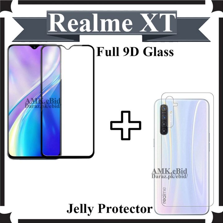 Realme XT Full Black 9D Tempered Glass Edge to Edge Full Glue Screen Protector + Back Jelly Protector Clear Soft Film Protector Hydrogel Film Protector For Realme XT