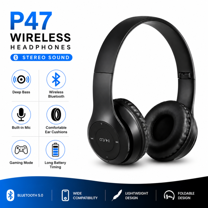 P47 Stereo Gaming Headphones with Microphone - 7.1 Surround Sound Over-Ear Headset for PUBG FreeFire Mobile, PC, PS4 & Xbox - Noise Cancelling Adjustable Mic with Soft Protein Earpads - 3.5mm Aux & USB Connector