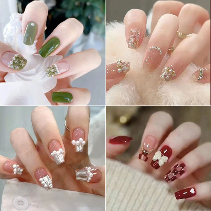 24Pcs French With Drill Pearl Fake Nails Press On Nail Tips Artificial Full Cover Cute Bow Wearing False Nails Fashion Popular Stick on Nails Cute Artificial Nails for Girls Cat Eye Nails