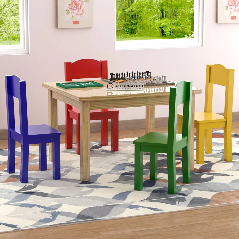 Wooden and Multicolor Kids Table Set 4 Chairs Included Kids Furniture for Playroom or Study Room Durable and Safe Perfect for Arts Crafts and Learning Daraz.pk