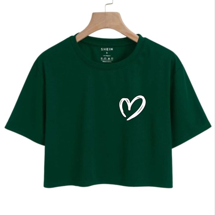 Women's Heart Print Black & White Raglan Sleeve Crop Top