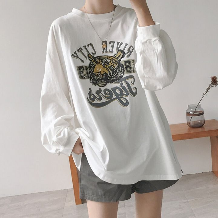 IELGY pure cotton loose t-shirt female port style temperament loose and thin all-match long-sleeved t-shirt