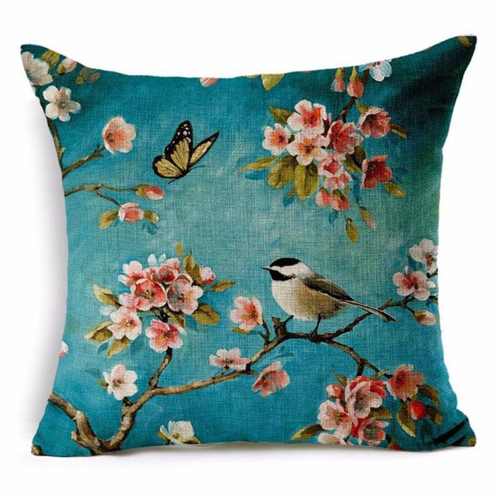 Honana 45x45cm Home Decoration Colorful Flowers and Birds 3D Printed Cotton Linen Pillow Case