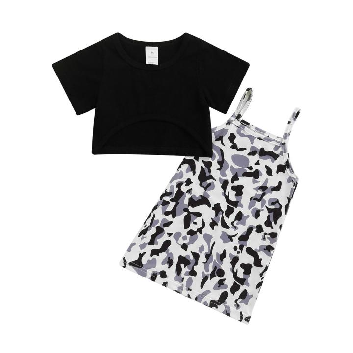 Kids Girls Dress Set, Camouflage Print Sling Dress with Short Sleeve Crop Top Summer Casual Outfit