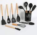 12Pcs Silicone Kitchenware Set Kitchen Utensils Cooking Sets Non-stick Spatula Silicone Kitchen Tools with Wooden Handle Heat Resistant Non-Toxic BPA Free Kitchen Utensils With Wooden Handle Silicone Tongs Silicone Spoon Set. 