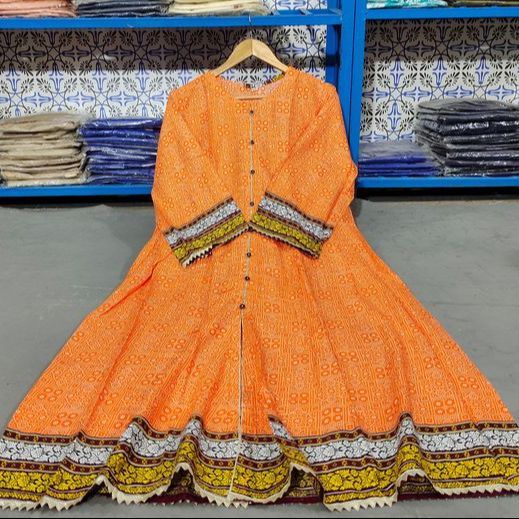 Orange Ajrak Stitched Linen Long Frock For Women