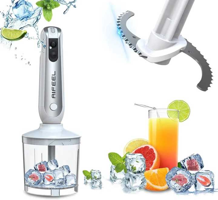 AIFEEL Immersion Hand Blender 5 in 1 Multifunctional Set with 5 Accessories, Ice Crusher.Handheld Stick Blender with Milk Frother,500ML Chopper, 600ML Measuring Cup and Egg Whisk Jar Frother Shredder Attachments, Dishwasher-Safe. |