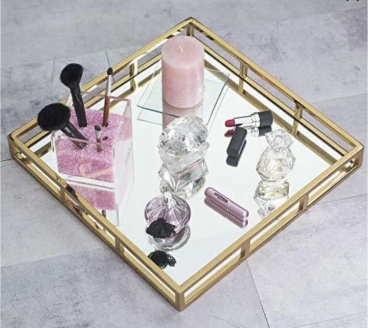 Mirror Vanity Tray, Gold Perfume Tray Makeup, Jewelry and Bathroom and serving tray