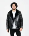 New Men's Casual Biker Style Black PU Leather Jacket with Tartan Collar. 
