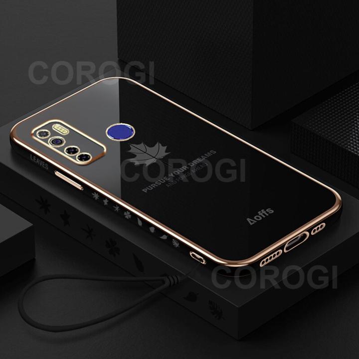 For Tecno Spark 5 / Tecno Spark 5 Pro Back Cover + Hand Strap Fashion Shiny 6D Plating Maple Leaves Protective Case Square Bumper Soft Silicone Mobile Phone Cases