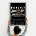 White Mercedes-Benz CLS 63 AMG Artwork | German Technology Specs Poster | High Quality Crystal Glass Frame | Luxury Sports Sedan Wall Art | Premium Automotive Artwork | Aesthetic Room & Garage Decor | Gift for Car Enthusiasts. 