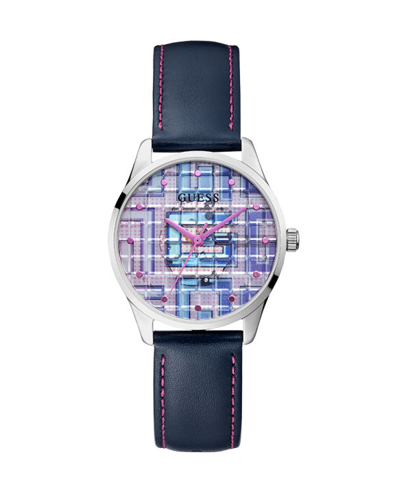 Guess Womens Silver Stainless Steel Case Multi-Color Dial Navy Blue Genuine Leather Band Watch-GW0480L1