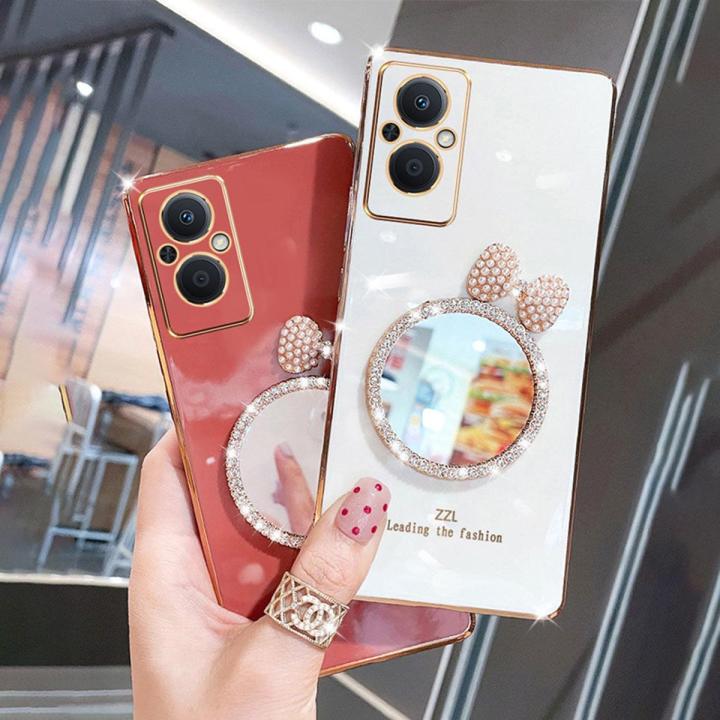 For OPPO F21 Pro (5G) Back Cover Bowknot Makeup Mirror Luxury 6D Plating Frame Shiny Cases Soft Silicone Square Protective Mobile Phone Case for Girls