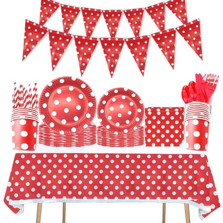 Red Polka Dots Theme Party Decorations Disposable Dot Paper Plates Cups Napkins Tablecloths Banners Baby Shower Party Supplies