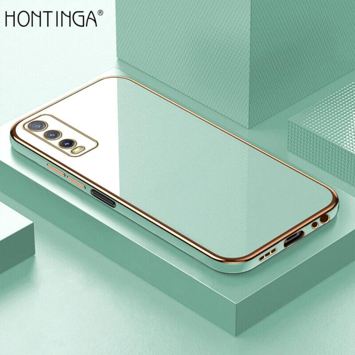 Hontinga for Vivo Y20 2021 Back Cover Luxury 6D Plating Frame Shiny Bling Case Soft Silicone Square Phone Cases