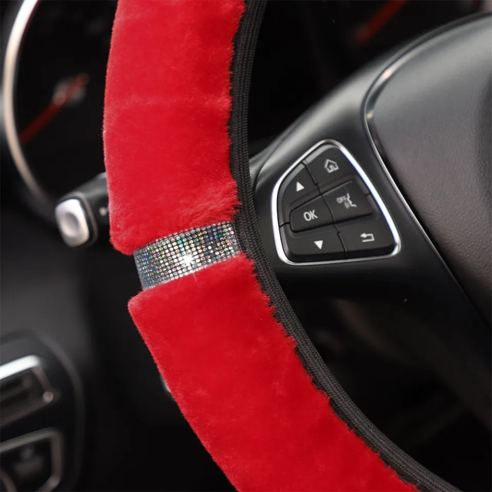 37-38cm Soft Plush Rhinestone Car Steering Wheel Cover