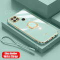 For Realme C21Y Back Cover with Ring Holder Stand + Wrist Strap Shiny Plating Square Bumper Protective Case Soft Silicone Shockproof Mobile Phone Cases. 