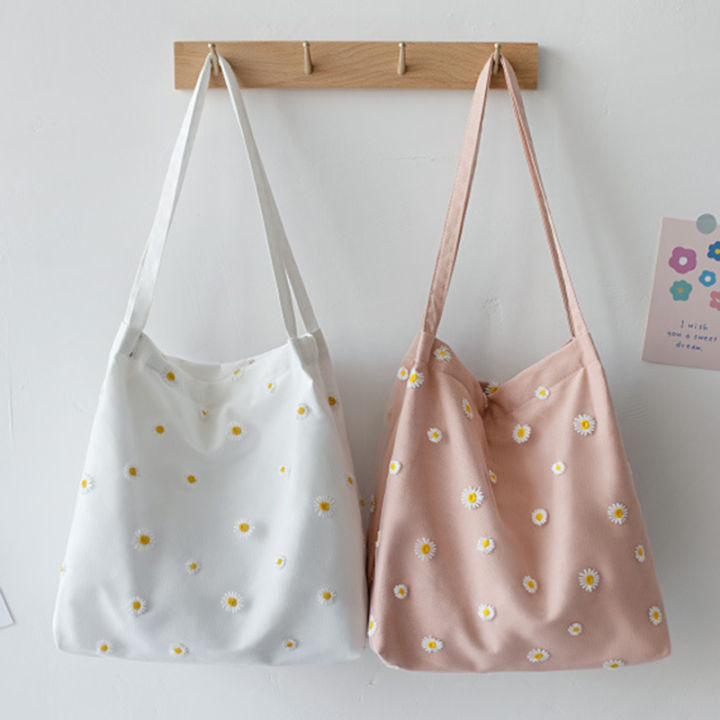 【Spot Cotton bag Mesh Daisy Double Layer Canvas Shoulder Bag Korean Ins Lace Small Square Bag Plain Temperament Canvas Tote Bag
