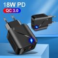 PD18W QC3.0 USB Phone Charger Fast Charging Dual Port LED Travel Charger hot sell. 