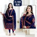 Dress For womens | Dress For Girls | Navy Chiffon Crincle Embroidered | Unstitched. 