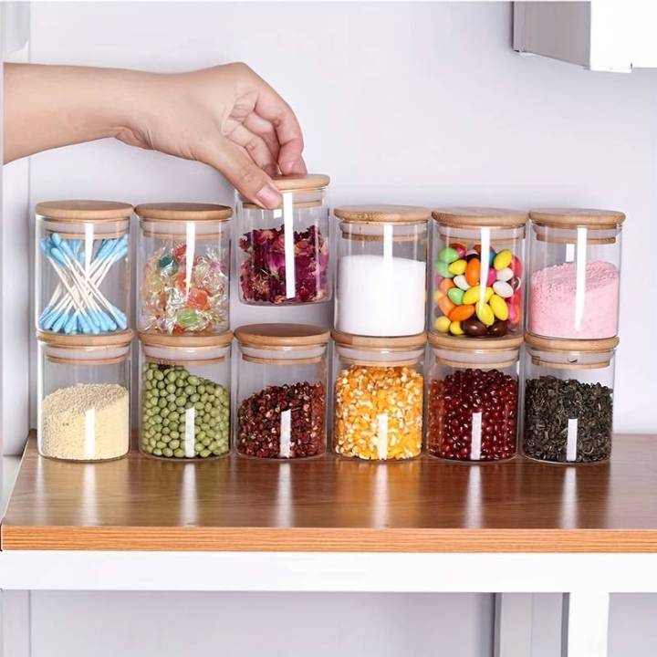 200ML  Small Glass Storage Jars with Bamboo Lids  Set of  12, Airtight Storage Canister with Labels and Chalk Marker, Food Cereal Storage Containers for Home Kitchen Tea Herbs Pasta Coffee Flour Herbs …