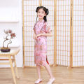 Kidlove Girls Short-sleeved Cheongsam Dress Comfortable Breathable Button Collar Low Split Design Chinese Traditional Costume For School Party. 