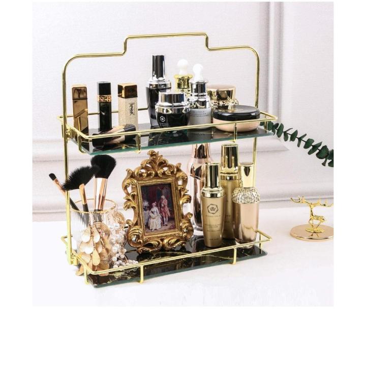 Makeup Organizer Shelf, 2 Tier Cosmetic Storage Basket with Removable Glass Tray, Wire Vanity Organizer Rack for Dresser,