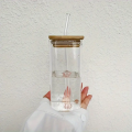 Square Glass - Square shape Glass with glass straw and wooden lid -Premium Transparent Square Drinking Glass Tumbler with Bamboo Lid And Glass Straw - Household kitchen accessories. 