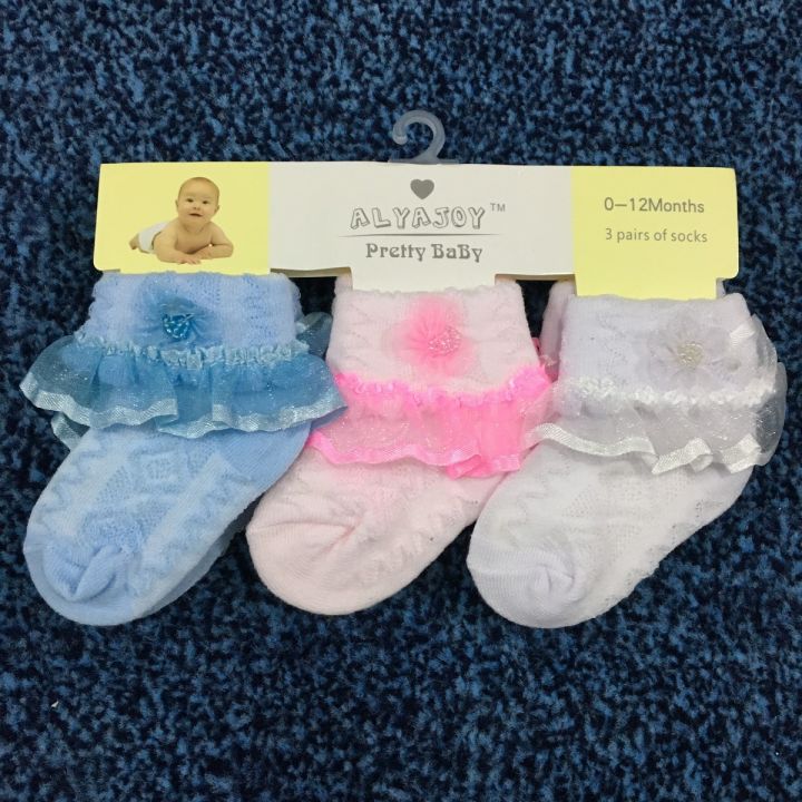 Pack of 3 Baby Frilly Socks for Girl - Cotton - Multicolour for New Born to 12 Months Babies