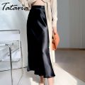 Satin Silk A-line Midi Skirt for Women, High Waist, Summer Korean Style. 