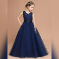 NAVY BLUE NET MAXI DRESS FOR BABYandGIRLS - Embroided Net Body, Silk Belt on Waist - Adorable Fashion for Little Ones. 
