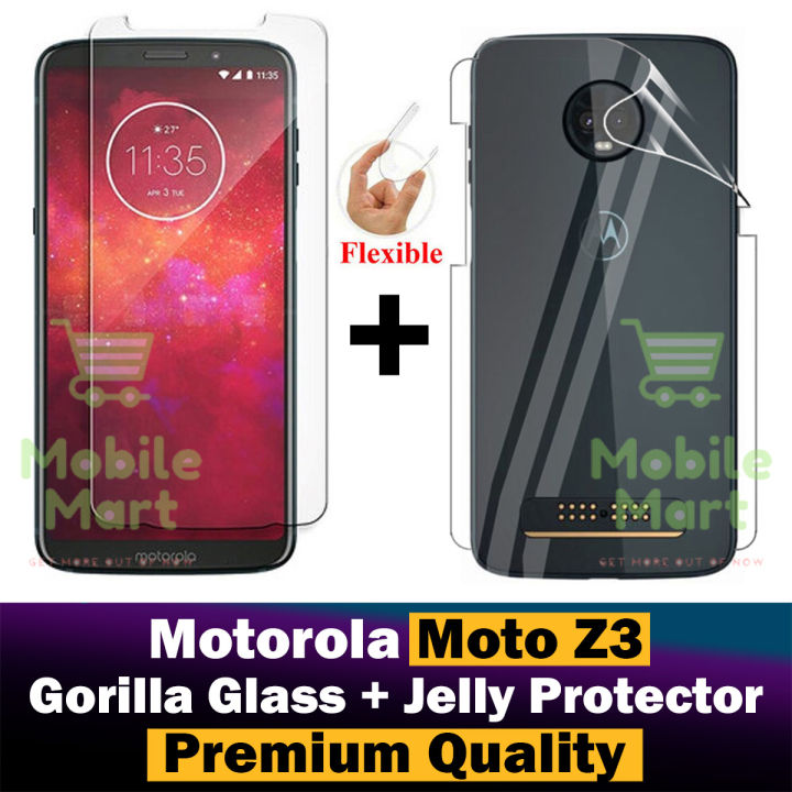 Motorola Moto Z3 Unbreakable Gorilla Flexible Nano Glass Premium High Quality Screen Protector + Back Jelly Protector Poly Transparent Edge To Edge Sides Coverage For Motorola Moto Z3