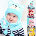 【AmbitionmA】 6M-34M Unisex Winter Kids Baby Girls Boys Cartoon Bear Stripe Knit Hat Cap Woolen Yarn Scarf Earmuff Warm keep Set for outdoor. 