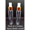 Pack of 2 Empty Plastic Spray Bottle Golden 100 ml Refillable Empty Plastic Bottles with Golden Spray Fine Mist Spray Bottle Cosmetics, Toner, Rose Water Face, Hair, Beauty Products etc Travel Size. 