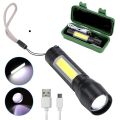 High Quality LED Aluminum Mini Small Torch USB Rechargeable Cob Led Flashlights with Zoom adjustable 3 modes, indoor and outdoor, With COB Light with hanging rope. 