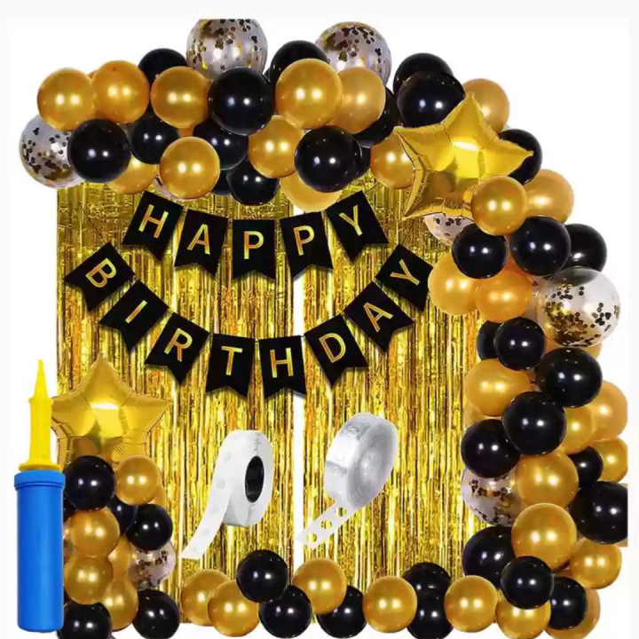 Celebrate in Style with Our Complete Happy Birthday Party Decoration Theme - 50 Black and Golden Balloons, Hanging Strip, Pump, and More