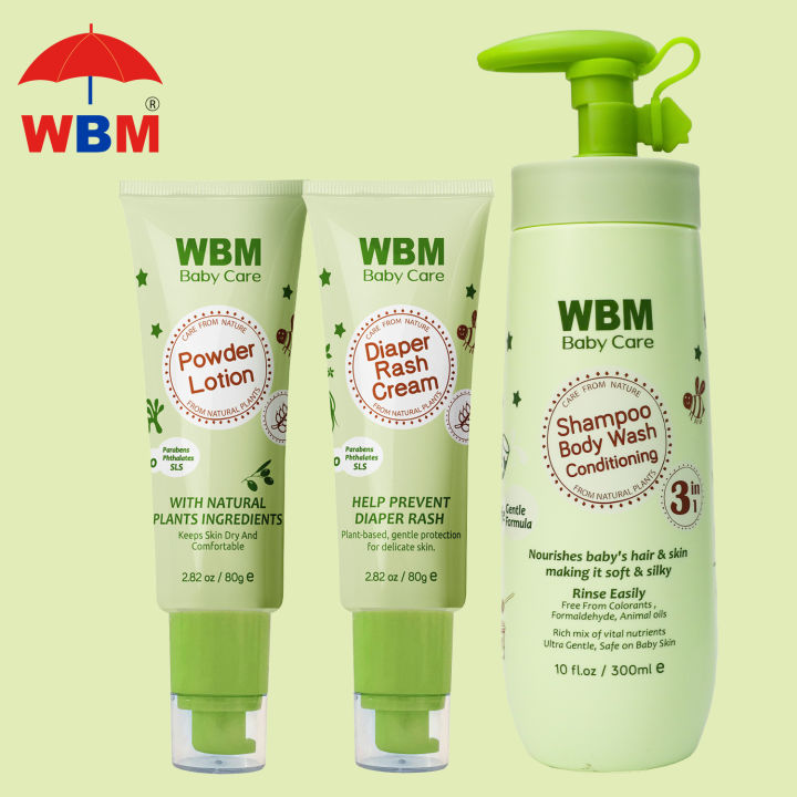 WBM Baby Gift Set | Baby Shampoo, Body Wash & Conditioner (300ml) , Baby Powder Lotion,. & Diaper Rash Cream 80g
