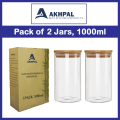 AKHPAL Glass Storage Jar With Airtight Seal Bamboo Lid,  AKHPAL Set of 2      1000ml Coffee Bean and Kitchen Food Container. 