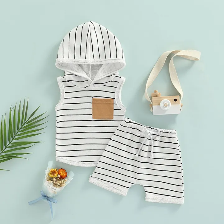 Baby%20Boys%20Suit,%20Sleeveless%20Hooded%20Striped%20Print%20Vest%20Tops%20+%20Summer%20Casual%20Drawstring%20Short%20Pants%20-%20Image%202