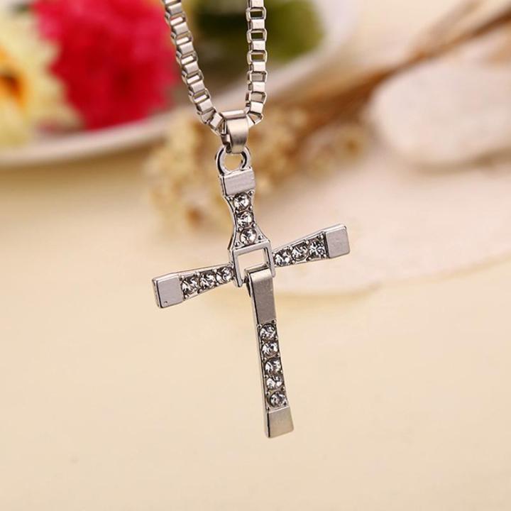 【Pocket king VOX 】Fast and Furious Vin Diesel Toretto's Cross Pendant Rhinestone Necklace  Fashion Jewelry 24"
