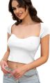 Women's Square Neck Ribbed Knitted Crop Top Short Sleeve Slim Fitted Basic Tee Shirt Blouse Tops white. 