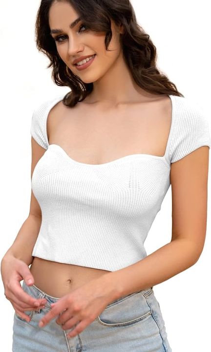 Women's%20Square%20Neck%20Ribbed%20Knitted%20Crop%20Top%20Short%20Sleeve%20Slim%20Fitted%20Basic%20Tee%20Shirt%20Blouse%20Tops%20white%20-%20Image%205