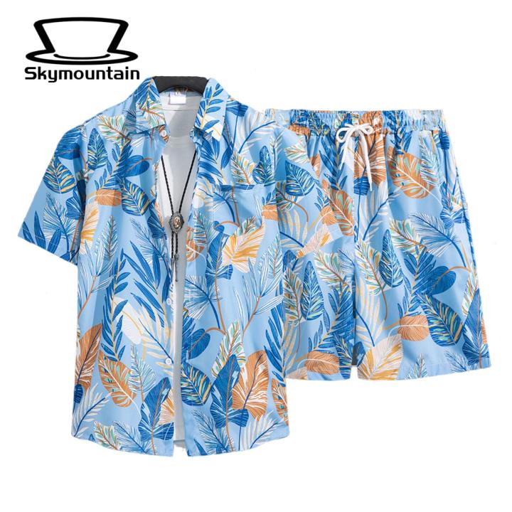 Men Shirt Shorts Set Men's Summer Hawaiian Shirt Shorts Set with Coconut Tree Print Casual Outfit for Style Lovers Shirt Elastic Waist Shorts Set