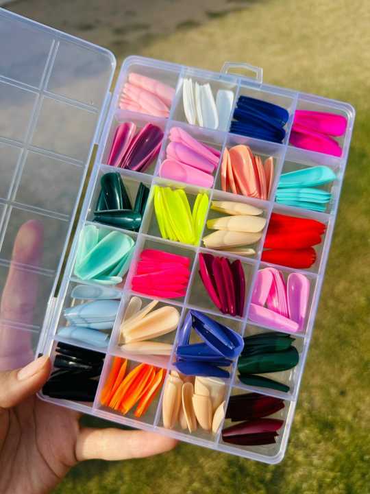 576 Pcs Box Colorful Artifical Nails Acrylic Full Cover Nail With Nail Glue | Fake Nails With Glue | Fancy Artifical Nails | French nails | Nails For girls In Multicolours