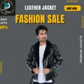 New Men's Casual Biker Style Black PU Leather Jacket with Tartan Collar. 