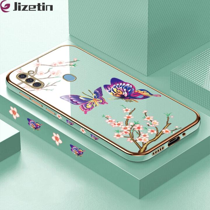 Jizetin (Free Lanyard) for Samsung Galaxy A11 M11 Back Cover Peach Blossom and Butterfly Luxury 6D Plating Case Side Pattern Soft Silicone Square Mobile Phone Cases
