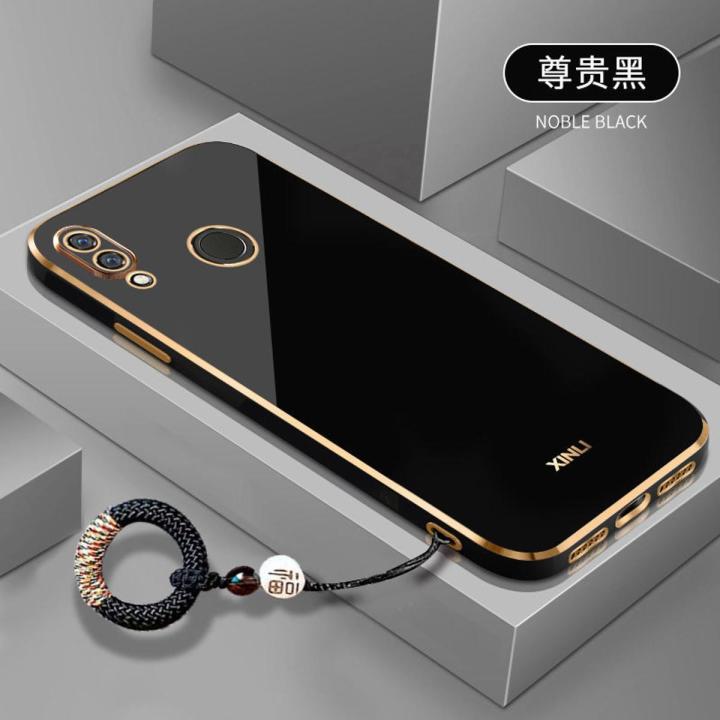 For Huawei Nova 3i Back Cover with Non-Slip Rope Pull Ring Shiny Plating Square Bumper Protective Case Camera Lens Protection Soft Silicone Shockproof Mobile Phone Cases